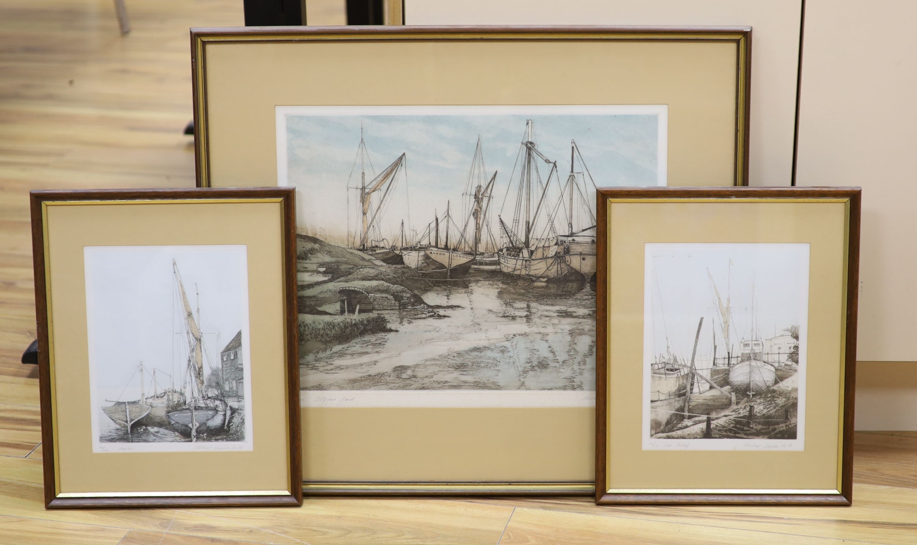 Michael Chaplin (b.1943), three coloured aquatints, 'Dolphin Yard', 'Iron Wharf' and 'Anglia', all signed in pencil, largest 36 x 47cm